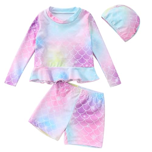 Image of Girls Swimsuits - Multicolor Toddler Girl Summer Beach Swimwear, Three Pieces Long Sleeve Rash Guard Set