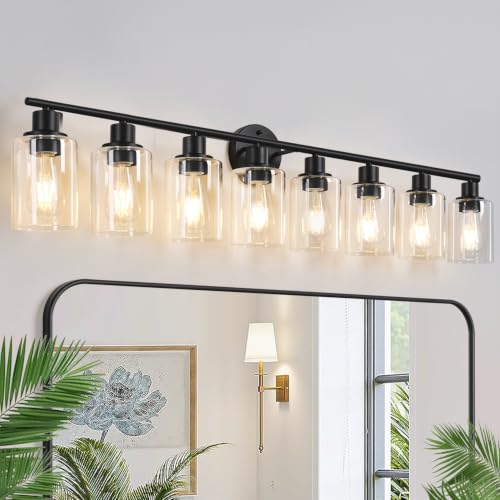 Image of Zarbitta 8-Light Bathroom Light Fixtures, Black Modern Vanity Lights with Clear Glass Shade, Bathroom Wall Lamp, for Mirror Kitchen Living Room Hallway Cabinet Porch