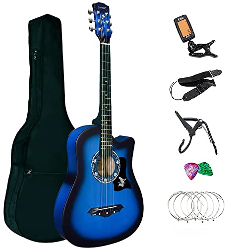 Crystals Acoustic Guitar Full Package Pack with Accessories - 4/4 Size 38' Classic 6 Strings (Blue)