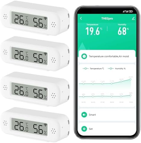 Smart Digital Thermometer Hygrometer, WiFi Indoor Temperature Humidity Sensor with App Alerts, Mini Room Temperature Meter with Data Storage and Export, Compatible with Alexa. 4PCS