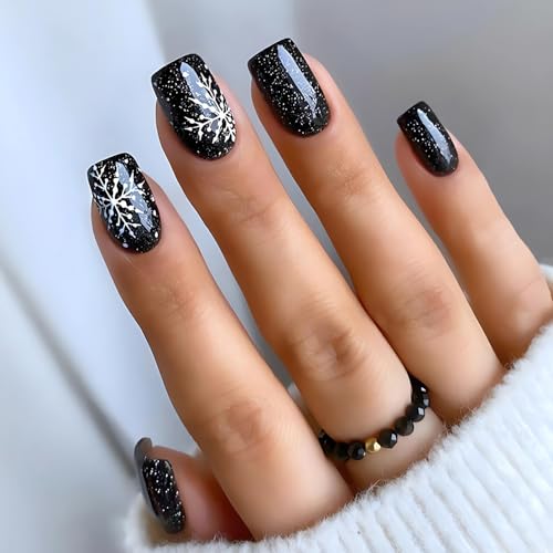 Snowflake Press on Nails Short Square Fake Nails Christmas Artifi...