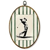 Xph Vintage Golf Sport Oval Wall Art Framed, Golfing Golfers Gifts Oval Wall Decor, Retro Stamp Green Striped Golfer Hanging Canvas Prints For Gym Man Cave Sport Room Home Decoration, 8.6X11.4 Inch