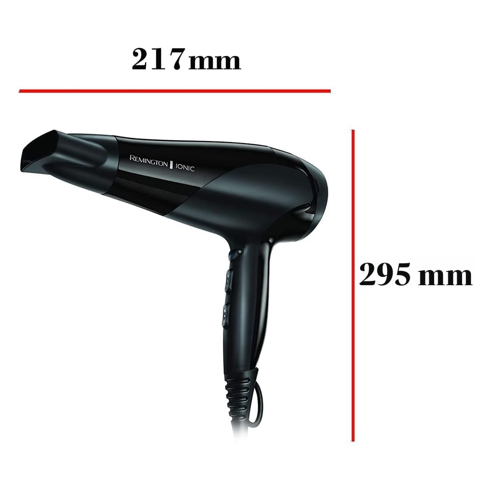 Remington Sèche-cheveux Ionique [Puissant & Léger] Ionic Dry Noir (2200W, coiffage délicat en douceur & répartition uniforme de chaleur, 3 températures / 2 vitesses, concentrateur, diffuseur) D3198