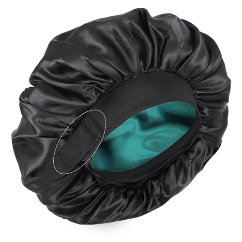 XRACEPHOL Silk Bonnet for Sleeping Double Layer Satin Bonnet Adjustable Bonnets for Black Women Sleep Cap Reversible Hair Bonnet for Curly Hair (Black and Leopard) 2PCS