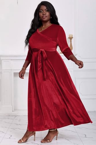 Image of Runwind Plus Size Dress for Women - 3 /4 Sleeve V Neck Maxi Dresses for Women (XL-6XL)