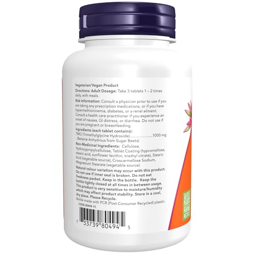 NOW Tmg (Trimethylglycine) Tablets, 1000mg, 100 Count - Image 3