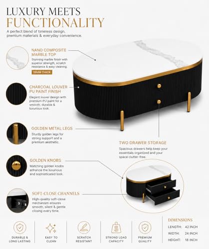 Image of Tesla Centre Table, 42x24x18 Inch, Nano Composite White Marble Top, Gold Accents, 2-Drawer Storage, Oval Design, Waterproof Plywood, PVD Legs, Modern Coffee Table for Living /Entryway