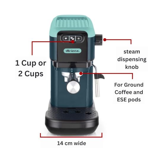 Image of Ariete 1399 Espresso Coffee Machine by Delonghi| Espresso, Cappuccino, Latte & More Recipe Options| Coffee Maker Machine for Home | 15 Bar Pressure, 1300 W| Espresso machines| 2-Years warranty (Green)