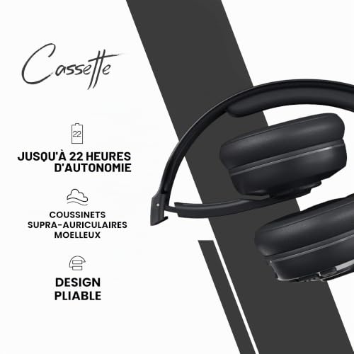 Skullcandy Cassette Casque Supra-Auriculaire sans Fil, Autonomie 22 h, Microphone, Compatible iPhone + Android + Appareils Bluetooth - Noir