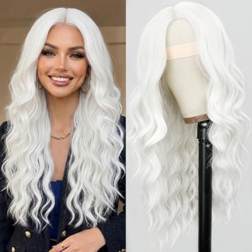 Nnzes Wigs for Women 26 Inch White Synthetic 4x1 Lace Middle Part Wig