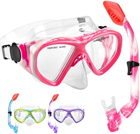 Kids Snorkel Set Dry Top Snorkeling Gear for Kids Youth Boys Girls Junior Age 5-15,Tempered Glass Swimming Diving Mask and Snorkel Set 180 Degree Panoramic View