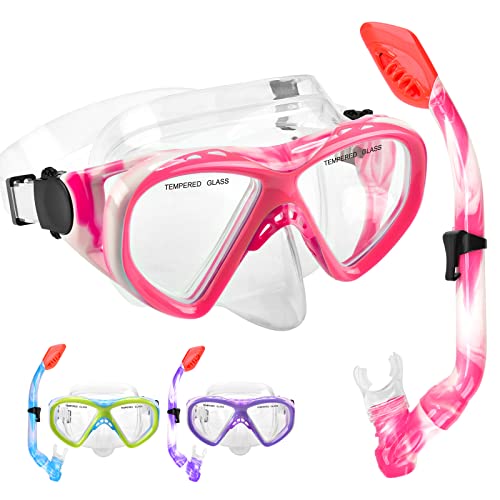 Kids Snorkel Set Dry Top Snorkeling Gear For Kids Youth Boys Girls Junior Age 5-15,Tempered Glass Swimming Diving Mask And Snorkel Set 180 Degree Panoramic View #TOP2