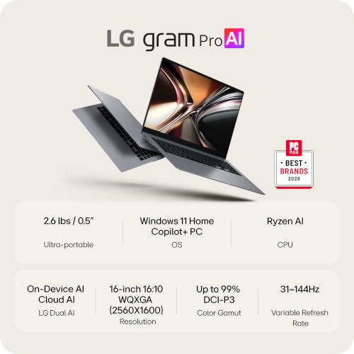 Image of LG gram Pro 16-inch Thin and Lightweight Dual AI Laptop Computer, Windows 11 Home, Copilot+ PC, AMD Ryzen AI 7 450, 16GB RAM, 1TB SSD, Aerominum Silver