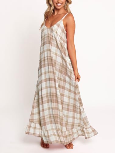 Image of LASPIA Spaghetti Strap Dresses for Women Plaid V Neck Maxi Sundress Beach Long Dress with Pockets