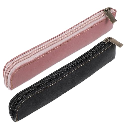 Image of simarro Leather Pencil Case, 2pcs Small Pencil Pouch Portable Zipper Bag Cute Slim Makeup Bag Soft Simple Office Stationery Pouches for Women Men Markers Change Coins(Black+Pinke)