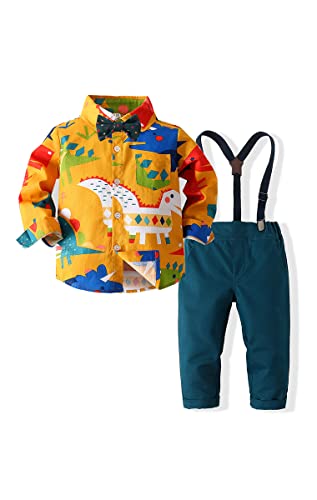 Image of Little Boys Gentleman Long Sleeves Woven Shirt with Bowtie + Suspenders Pants Two-Piece Set