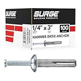 1/4' x 3' Hammer Drive Nail in Concrete Anchor (100/BOX) | Nail Drive Anchor for Concrete, Block, and Brick | Mushroom Head Fasteners with Carbon Steel Nail