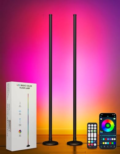 OUTON Lampada da Terra LED 2-Pezzi, RGBIC Dimmerabile Piantana con Telecomando e Controllo APP, 16 Milioni di Colori, Sincronizzazione Musicale, Timer, per Soggiorno, Camera, Giochi