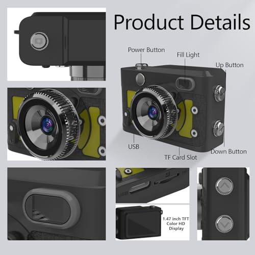 Image of Mini Keychain Camera 64GB, 1080P Mini Retro Photo Video Camera, 120 Minute Battery Life Portable Tiny Digital Cam, Micro Video Camcorder for Travel Students Children, Yellow