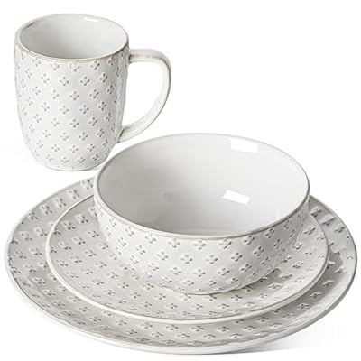 LE TAUCI Dinnerware Sets 4 Piece, Ceramic Plates and Bowls With Mugs Set, Housewarming Gift, Serve for 1(10" Dinner Plates + 8" Salad Dish + 26 oz Cereal Bowl+12 oz Coffee Mug),Clover-Arctic White