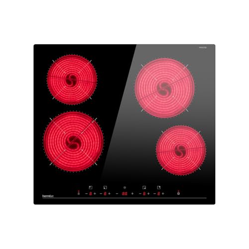 Hermitlux Glaskeramikkochfeld Einbau Herdplatte 4 Platten, 59cm, 6600W, 9 Heizstufen, Touch-Steuerung, Timer, Kindersicherung, Geeignet für Alle Töpfe, Kein Stecker