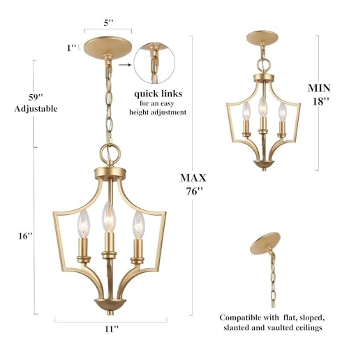 Image of KSANA Gold Pendant Lights Kitchen Island, 3-Light Small Modern Farmhouse Pendant Lighting, 11'' Geometric Lantern Pendant Chandeliers Light Fixture for Dining Room, Bedroom, Entryway