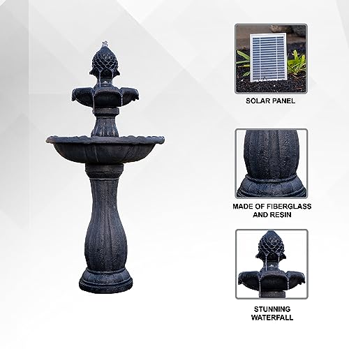 Image of XBrand 44 inch Solar Powered 2-Tier Outdoor Water Fountain, Fiberglass Resin Fountain with Solar Panel and Auto Shut-Off Pump, Black
