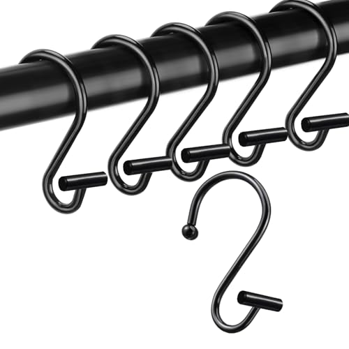 BellRhein Shower Curtain Hooks Rings, 12 Pack Metal S Hooks Rust Proof for Hanging Bathroom Shower Curtain Liner/Outer Curtains, Clothing Jeans Plants Hooks (Black Straight Stick)