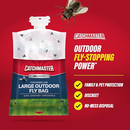 Catchmaster Pro Series Disposable Fly Bag 4-Pack, Hanging Fly Trap Outdoor Home, Bug Catcher and Flying Insect Trap with Premium Food Lure, Pest Control, Big Bag for Backyard, Pool, Patio & Camping