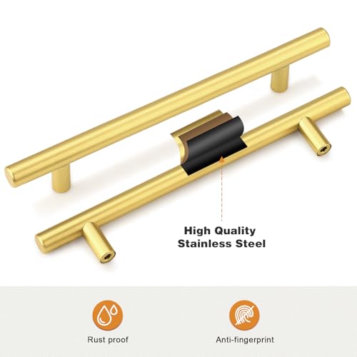 Image of Probrico 5 Pack 6-3 /10 Inch Center-to-Center Kitchen Cabinet Pulls T Bar Gold Cabinet Handles Modern Drawer Hardware Dresser Pulls, 8-4 /5 inch Total Length