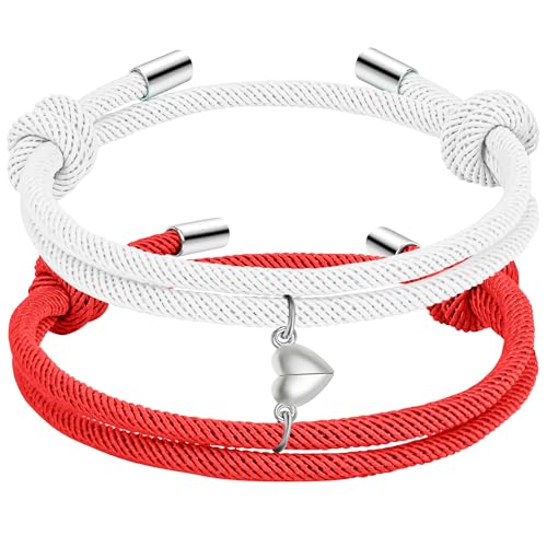 Meajjew Couple Matching Bracelets for Bf And Gf, Best Friend Bracelet,Stretch Adjustable Braid Rope Bracelets Christmas Birthday Valentines Day Anniversary Jewelry for Him and Her White and Red