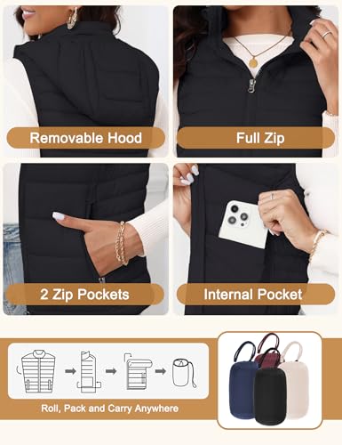 SLOW DOWN Womens Lightweight Puffer Vest, Womens Winter Packable Vest, Womens Puffy Vest with Removable Hood and Zip Pockets4