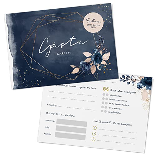 dein weddingshop Lot de 50 cartes de livre d'or de mariage - Livre d'or - Jeu de mariage avec questions à remplir (Watercolor Breeze Bleu)