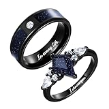 SHAREMORE Nebula Matching Couple Rings, Blue Sandstone Engagement Ring, Black Blue Galaxy Sandstone Rings, Outer Space Ring.