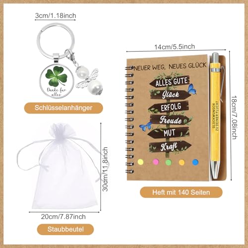 Abschiedsgeschenk Kollegen, 4 Stück Abschiedsgeschenk mit 140 Seiten Notizbuch, Kugelschreiber, Schlüsselanhänger & Staubschutztasche - Dankeschön Geschenk für Kollegin, abschiedsgeschenk lehrerin