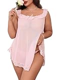 OYOANGLE Women's Plus Size Lace Sheer Chemise Nightgown and Thongs 2 Piece Lace Babydoll Lingerie Set Pink XX-Large Plus