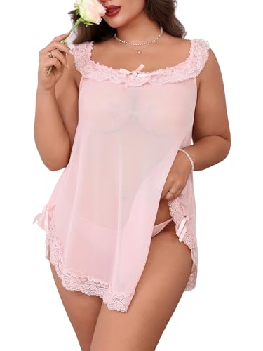 OYOANGLE Women's Plus Size Lace Sheer Chemise Nightgown and Thongs 2 Piece Lace Babydoll Lingerie Set