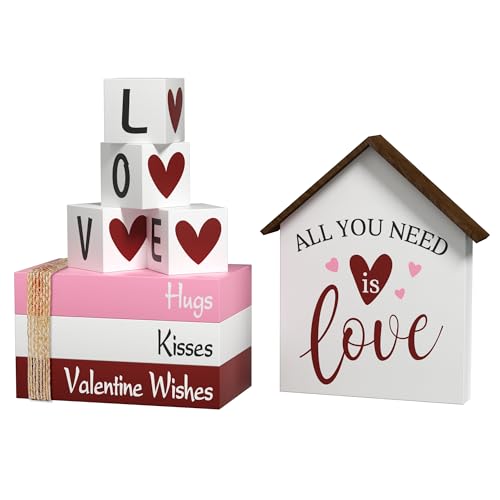 Valentine's Day Heart Decorations Faux Books, 8 Pcs Tiered Tray