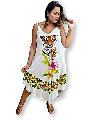 Vestido Feminino Alça Trapézio Plus Size Com bolso Estampa Tigre