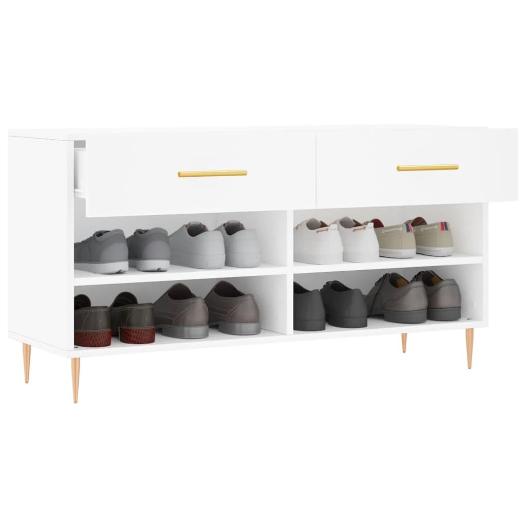 Banc a Chaussures Blanc Bois Composite 102x35x55 cm 2 Tiroirs 4 Etageres