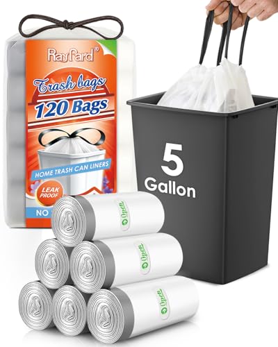 5 Gallon 120 Counts Strong Drawstring Trash Bags Garbage Bags by RayPard, Small Plastic Trash Bags fit 18-20L Trash Can for Home Office Kitchen Bathroom Bedroom, White Waste Basket Liners