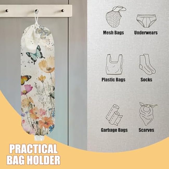 Wildflowers Butterfly Plastic Bag Holder, Wall Mount Grocery Bag Holder, Plastic Storage bag, Pull Rope Free Adjustment, Plastic Bag Holders for Grocery Bags, Plastic Bag Dispenser for Kitchen