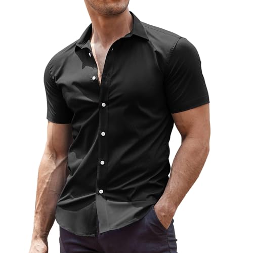 COOFANDY Camisas de manga corta para hombre, sin planchado, casual, con botones, elásticas, formales, camisas de negocios, camisas de verano, de algodón, color negro, talla M, Negro, M