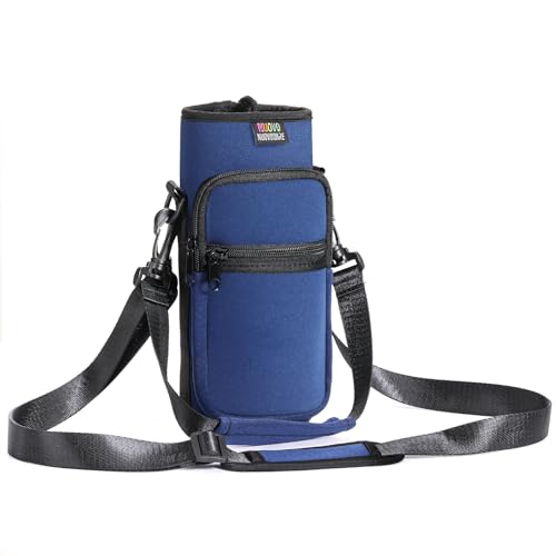 Nuovoware Water Bottle Carrier Bag, 40oz Neoprene Bottle Pouch Holder with Adjustable Shoulder and Hand Strap, 2 Pocket Sling Sleeve for Hiking Travelling Camping Jogging Cycling, Indigo Dark