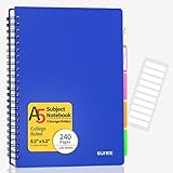 SUNEE 5 Subject Notebook College Ruled - 240 Pages, 6.2'x8.5', 5 Pocket Colored Dividers, 3-Hole Punched Paper, Blue