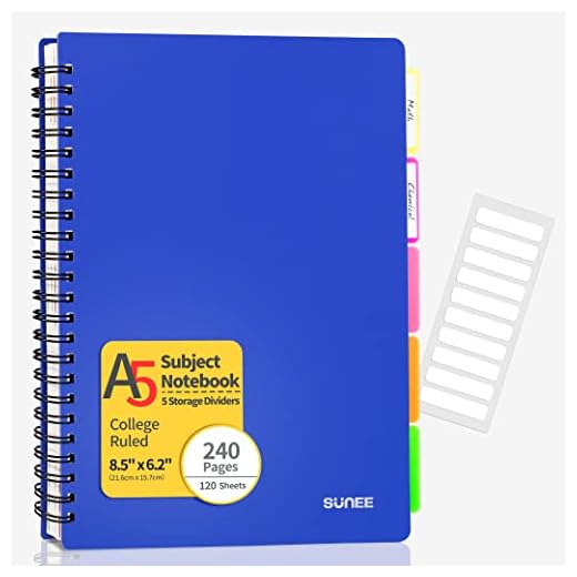 SUNEE A5 Subject Notebook College Ruled - 240 Pages, 5.5"x8.2", Spiral Lined Notebook with 5 Pocket Colored Dividers, Blue Notebooks for School Supplies, Home & Office, Writing Journal