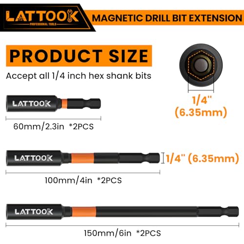 Drill Bit Extension Set, LATTOOK 6PCS Magnetic Drill Extension Bit Holder for Impact Driver, 1/4\" Hex Shank Drill Bit Extender, 2.3\'\', 4\'\', 6\'\' Drill Bit Extension - Thumbnail 2
