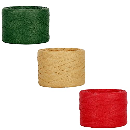 50M Rafia Naturel Bobine,3 Rouleaux Ruban en Papier Raphia Naturel Rouge Vert de Noël,Raphia à Crocheter Bricolage,Rafia Coloré Dégradable pour Tissage...