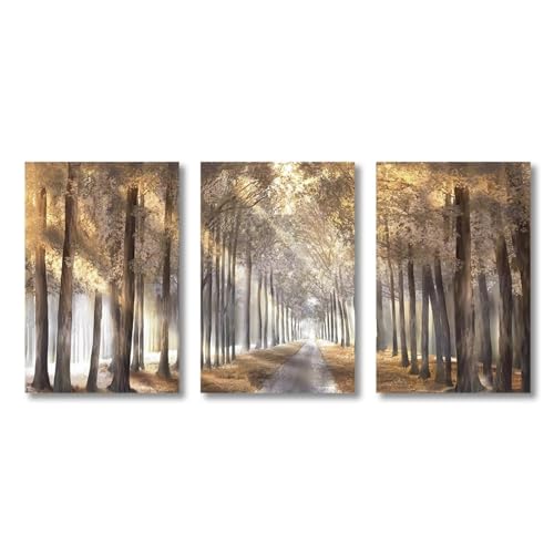 Forêt toile peinture lumière dorée à travers les arbres encadrée