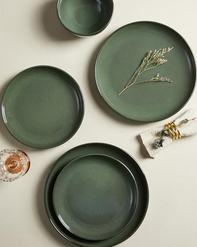 Image of Pokini Stoneware Dinnerware Sets for 6, 18 Piece Microwave Safe Plate and Bowl Set, Easy to Clean & Durable Dishes Sets for Small to Medium Families, Forest Green